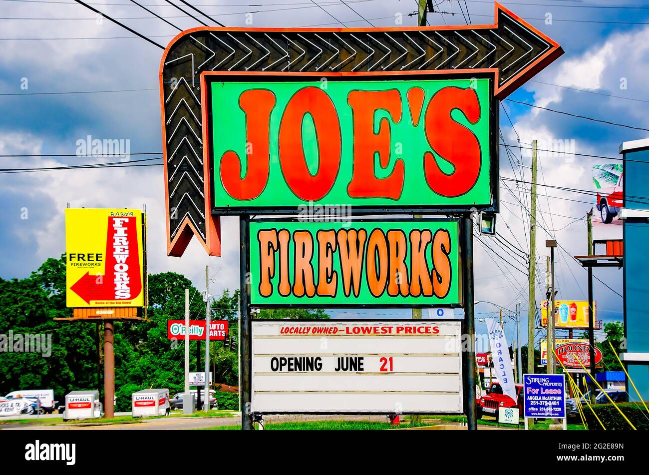 Signs advertise Big Bang Fireworks on the left and Joe’s Fireworks on the right, June 9, 2021, in Theodore, Alabama. Stock Photo