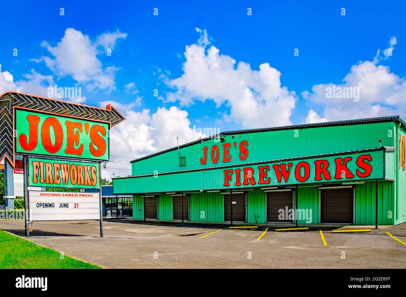 Joe’s Fireworks is pictured, June 9, 2021, in Theodore, Alabama. Roadside fireworks stands are a popular sight in the American South. Stock Photo
