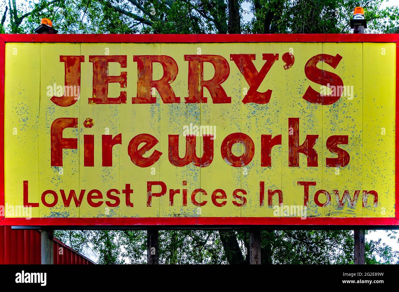 A sign advertises Jerry’s Fireworks, June 9, 2021, in Theodore, Alabama. Roadside fireworks stands are a popular sight in the American South. Stock Photo