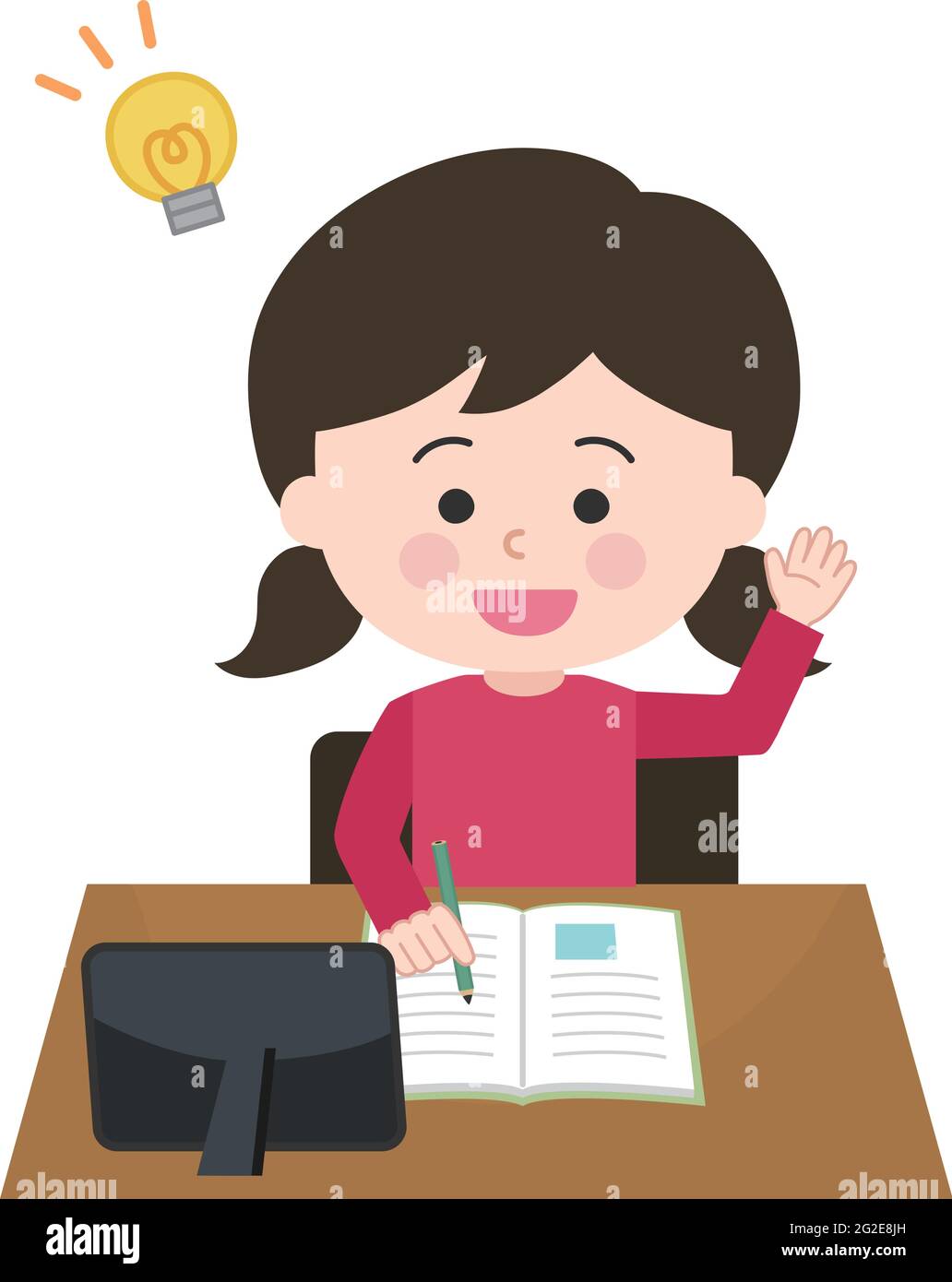 A girl studying happily on her tablet. Vector illustration isolated on white background. Stock Vector