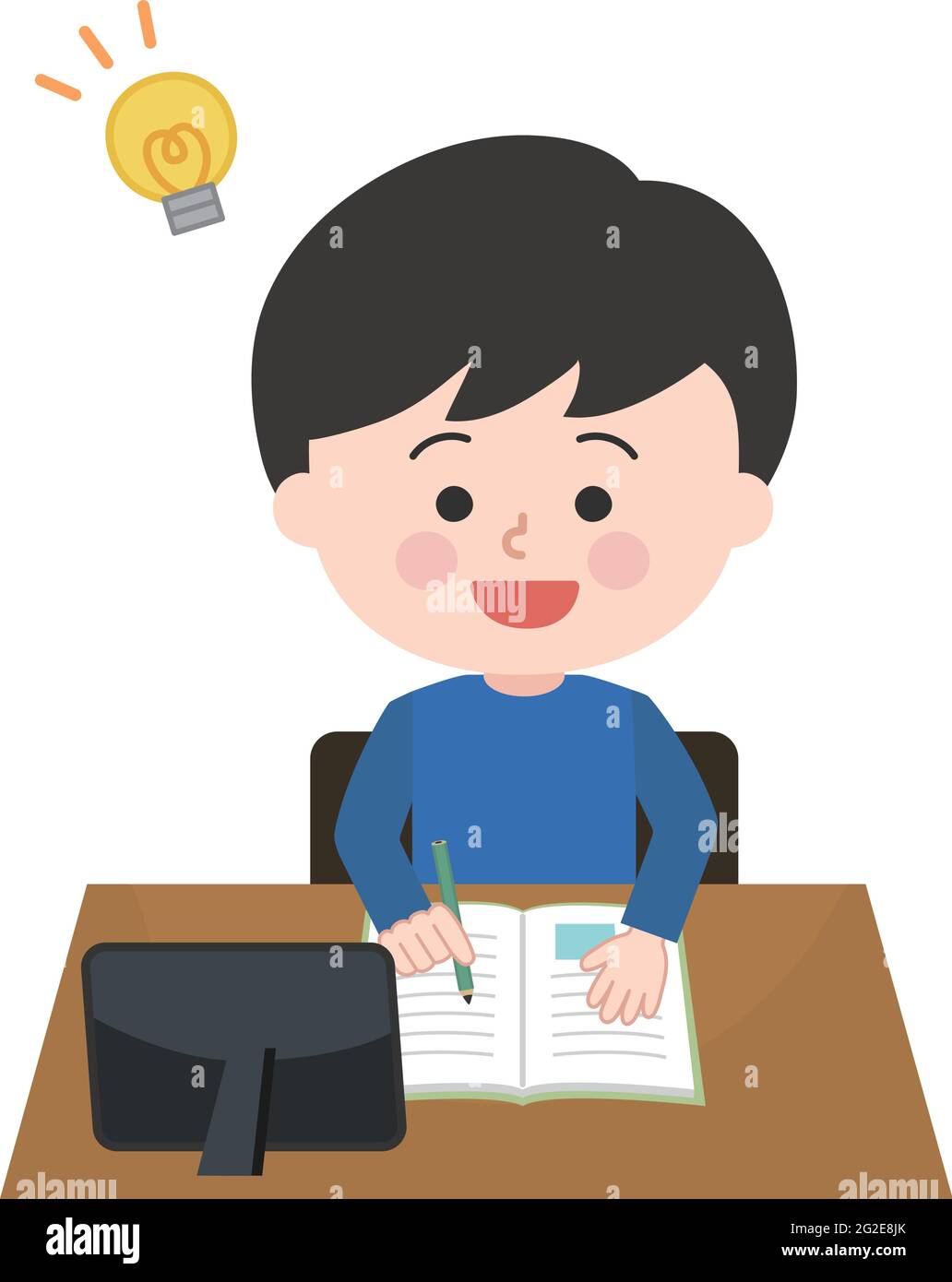 A boy studying happily on her tablet. Vector illustration isolated on white background. Stock Vector