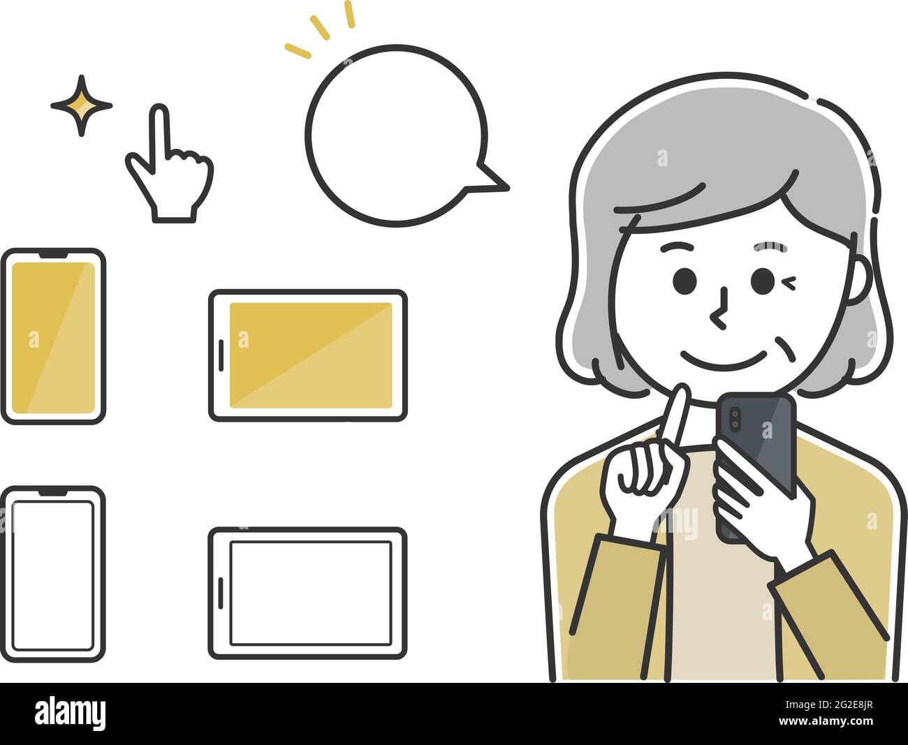 Woman tapping a mobile phone with a speech bubble. Vector illustration isolated on white background. Stock Vector