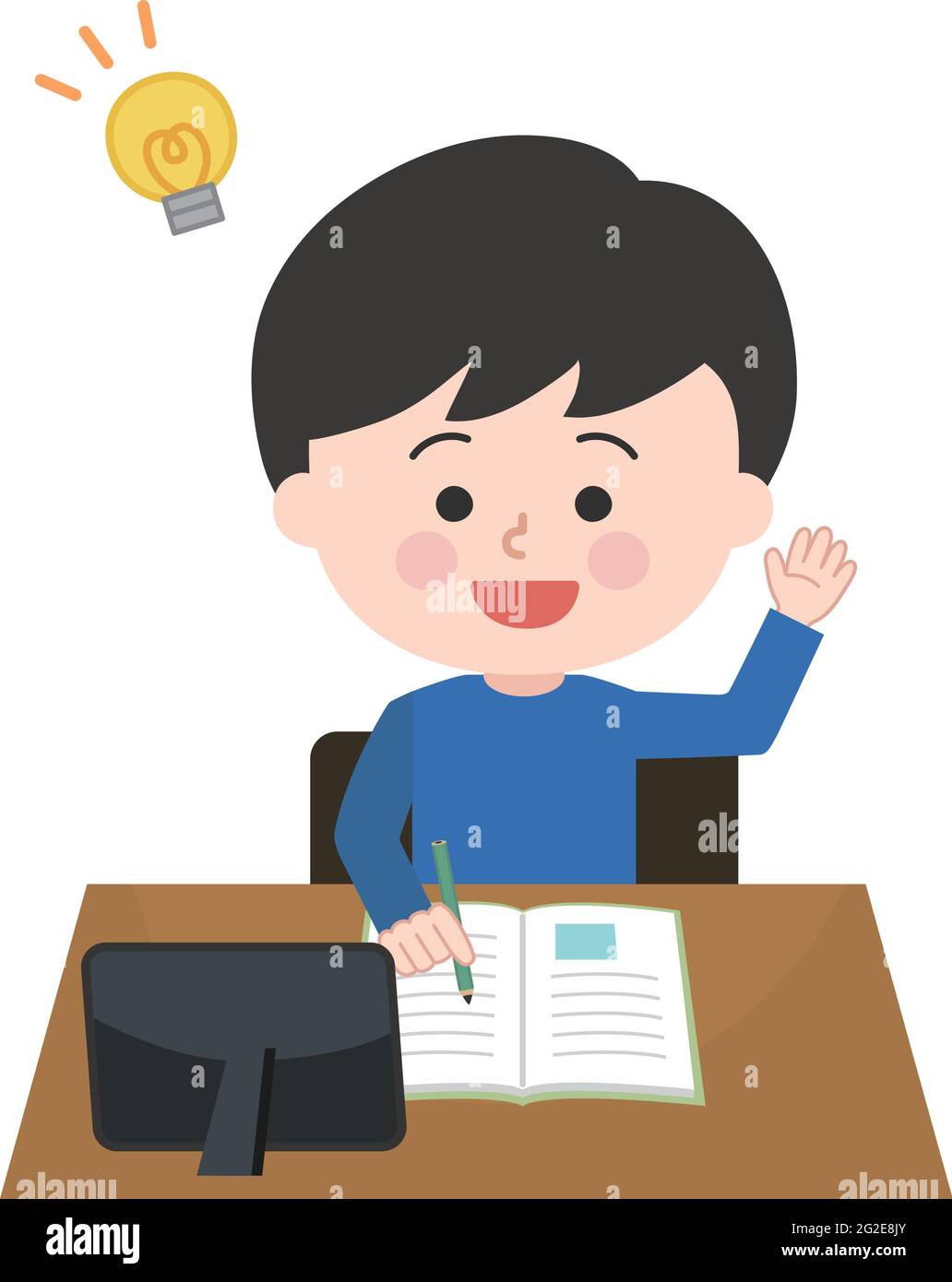 A boy has distance learning on his tablet. Vector illustration isolated on white background. Stock Vector