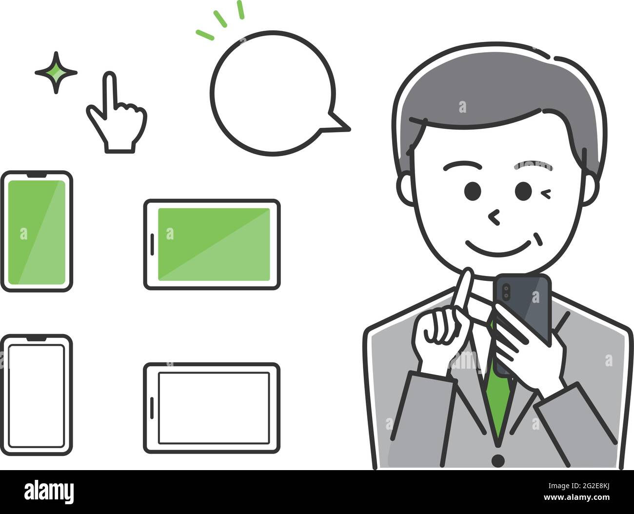 Man tapping a mobile phone with a speech bubble. Vector illustration