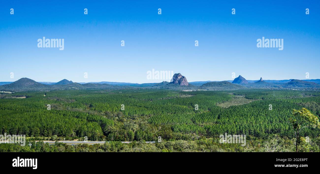 panoramic view of the Glass House Mountains from Wild Horse Mountain lookout, Beerburrum State Forest, Sunshine Coast hinterland, Queensland, Australi Stock Photo