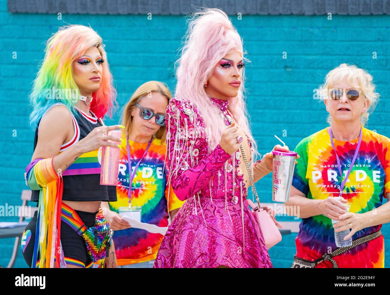 Collingswood, New Jersey, USA. 10th June, 2021. FRANCHESCA FROSE, left, and ARIEL  VERSACE, both of Cherry Hill, New Jersey, prepare to enter the Haddon  Township Pride Parade Thursday in downtown Collingswood, New