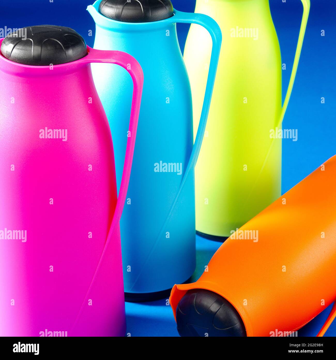 Colorful containers to keep drinks hot or cold. Stock Photo