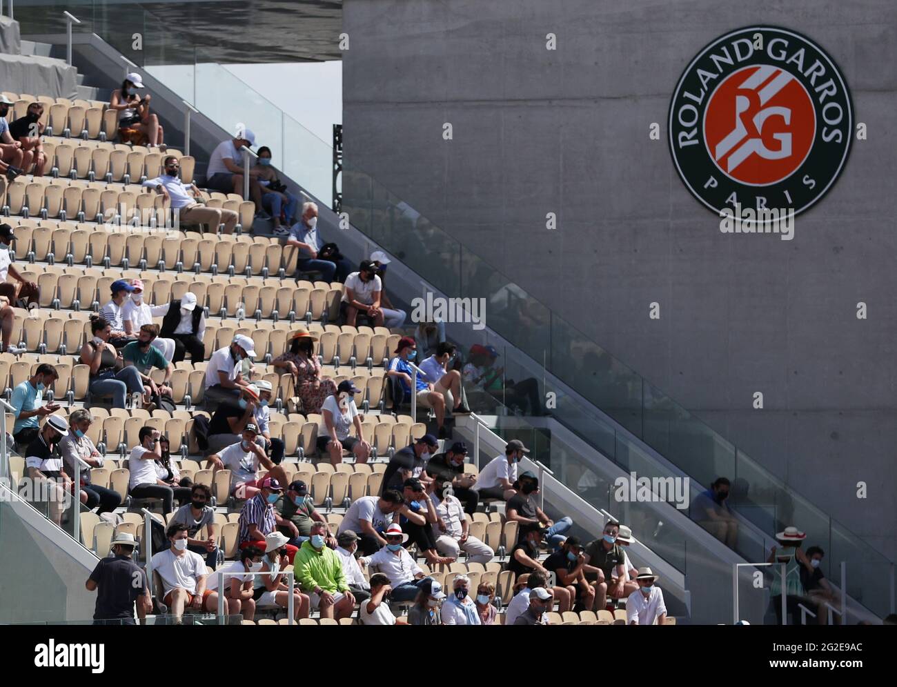 Paris, France. 10th June, 2021. Spectators watch the women's singles semifinal match between Anastasia Pavlyuchenkova of Russia and Tamara Zidansek of Slovenia at the French Open tennis tournament at Roland Garros in Paris, France, June 10, 2021. Credit: Gao Jing/Xinhua/Alamy Live News Stock Photo