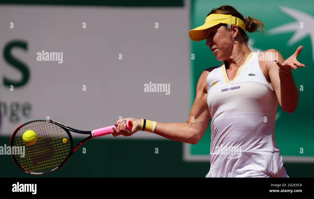 Paris, France. 10th June, 2021. Anastasia Pavlyuchenkova of Russia returns the ball during the women's singles semifinal match between Anastasia Pavlyuchenkova of Russia and Tamara Zidansek of Slovenia at the French Open tennis tournament at Roland Garros in Paris, France, June 10, 2021. Credit: Gao Jing/Xinhua/Alamy Live News Stock Photo