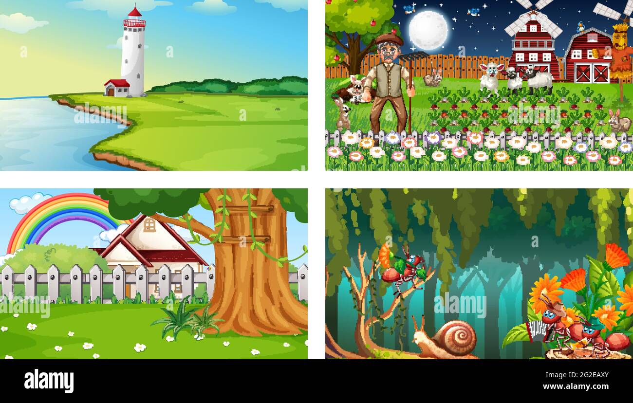 Four different nature horizontal scene  illustration Stock Vector