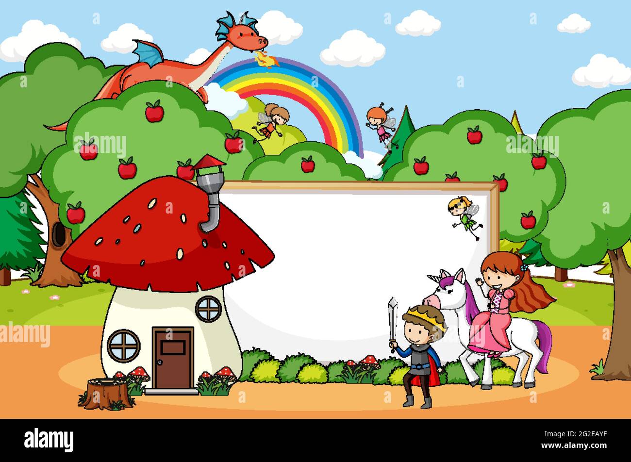Blank banner in the forest scene with fairy tales cartoon character and ...