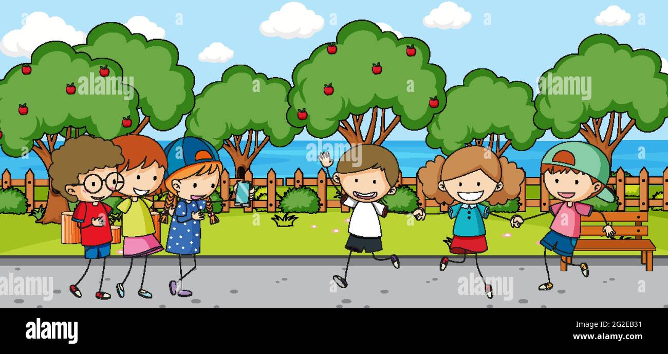 Outdoor scene with many kids playing in the park illustration Stock ...