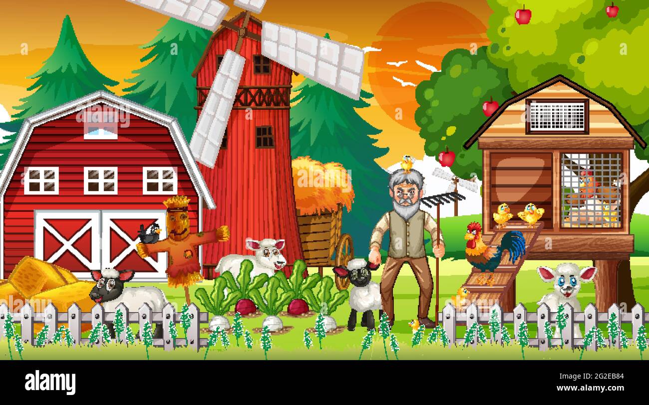 Farm at sunset time scene with old farmer man and farm animals ...