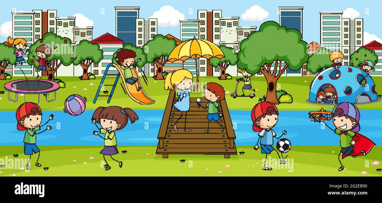 Outdoor scene with many kids playing in the park illustration Stock ...