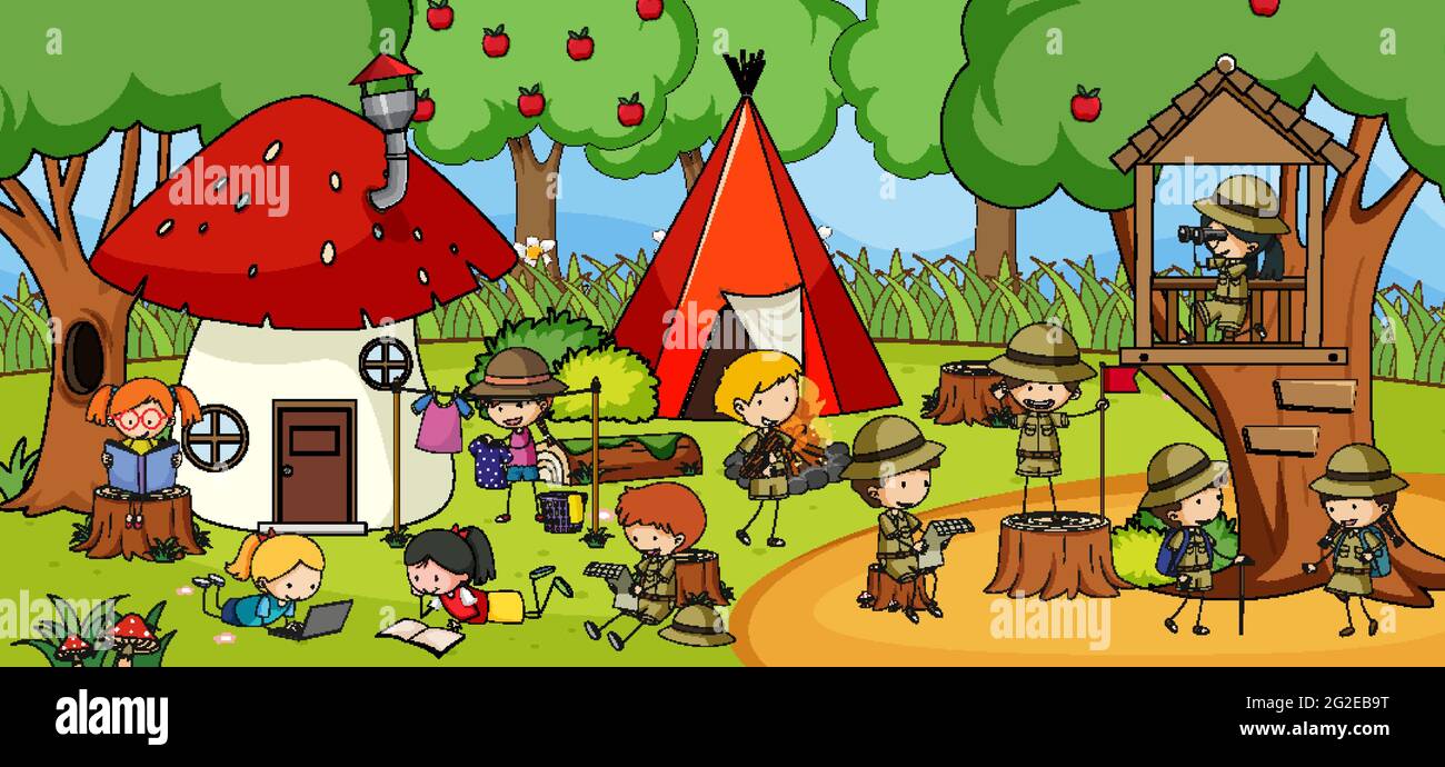 Outdoor scene with many kids camping in the forest illustration Stock ...