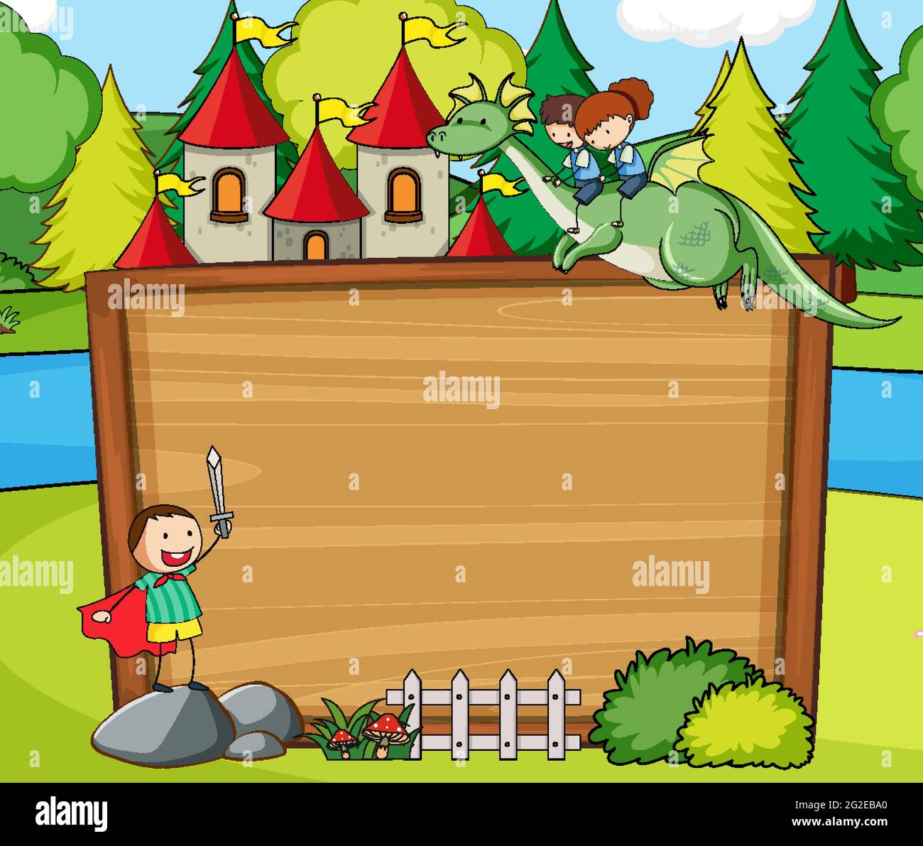 Empty wooden banner in the forest scene with fairy tale cartoon ...