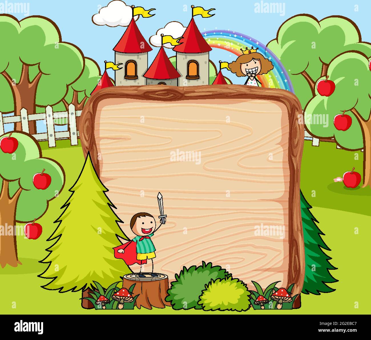 Empty wooden banner in the forest scene with fairy tale cartoon ...