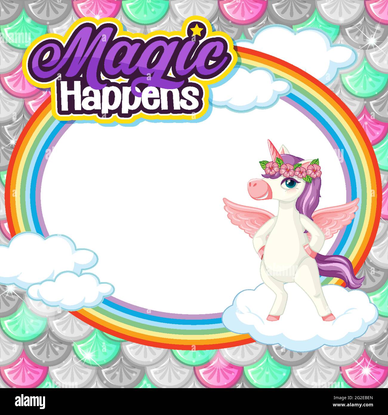 Empty banner with cute pegasus cartoon character on pastel mermaid scales  illustration Stock Vector Image & Art - Alamy