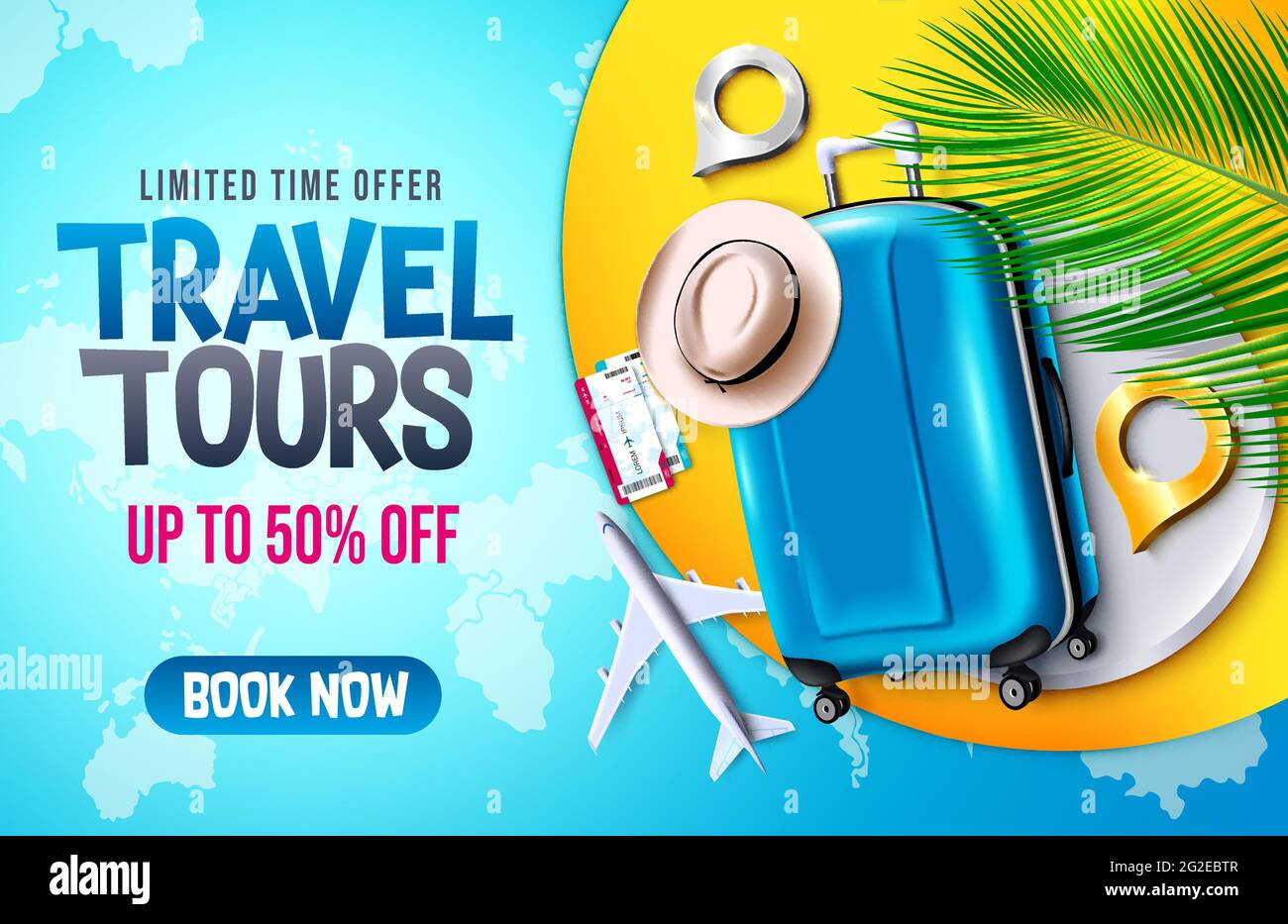 Travel tours sale vector banner background. Travel tours limited time offer  with luggage, hat and airplane elements for international trip and tour  Stock Vector Image & Art - Alamy