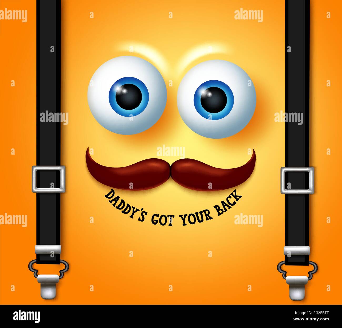Father's day emoji vector design. Daddy's got your back text in yellow smiling face with elements like mustache and suspender belt for celebrating. Stock Vector
