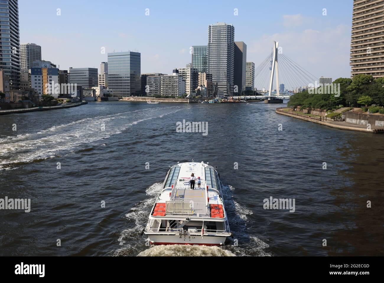 Tokyo 2020 Olympic Games branded sightseeing boat seen at the Bay of
