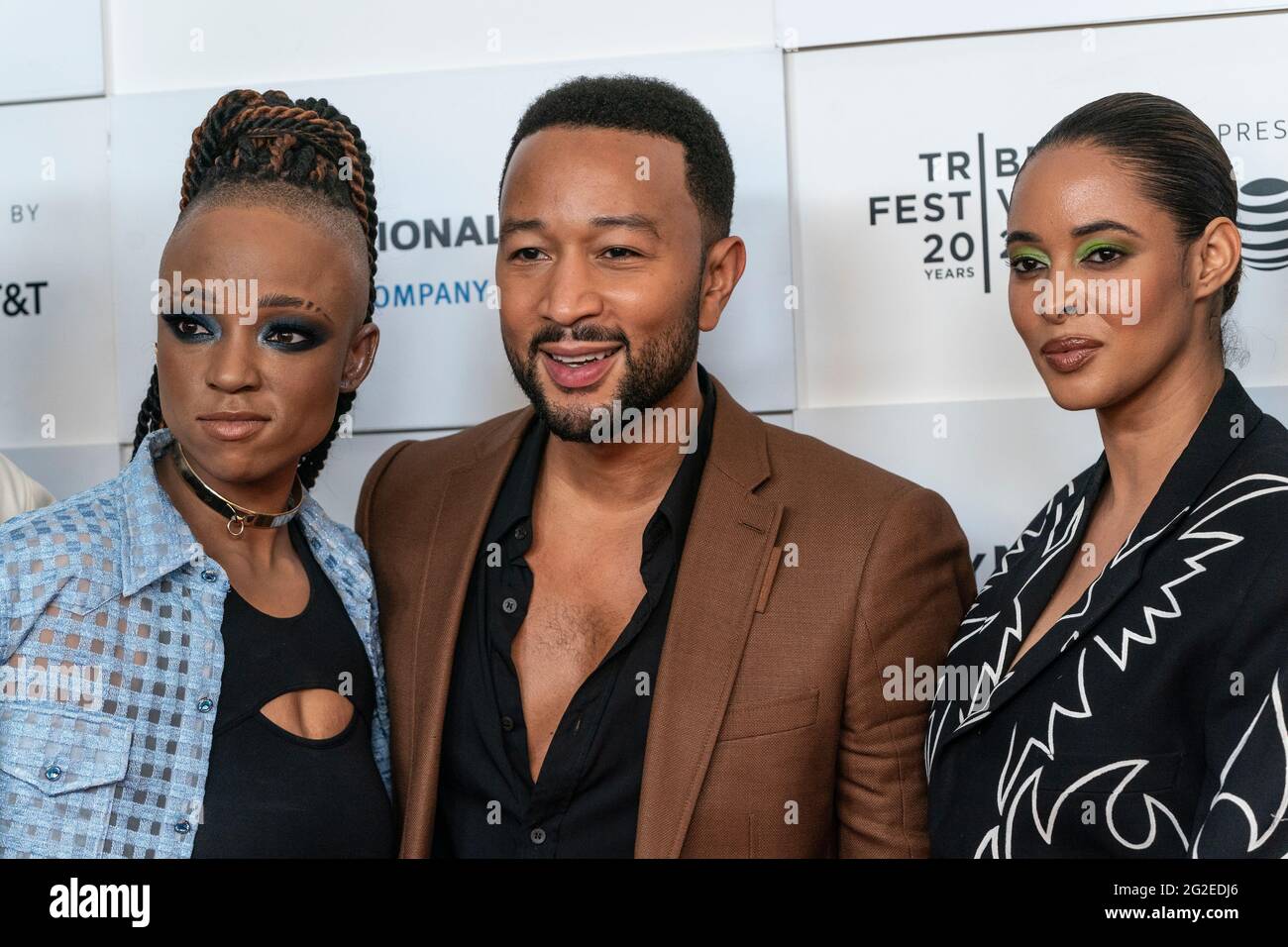 New York, NY - June 10, 2021: Director Nneka Onuorah, producer John Legend director Giselle Bailey pose at The Legend of the Underground premiere at Tribeca Film Festival at Waterfront Plaza, Battery Park City Stock Photo