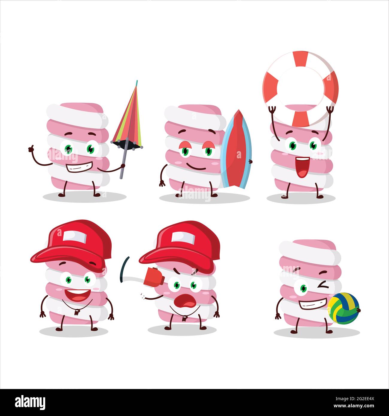 Happy Face marshmallow twist cartoon character playing on a beach. Vector illustration Stock Vector