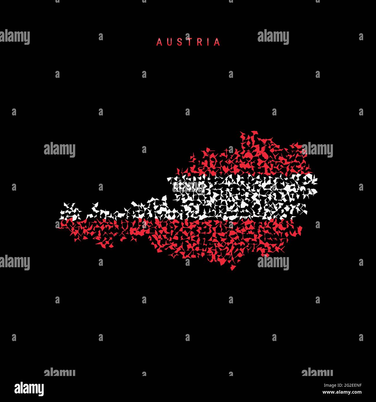 Austria flag map, chaotic particles pattern in the colors of the Austrian flag. Vector illustration isolated on black background. Stock Vector