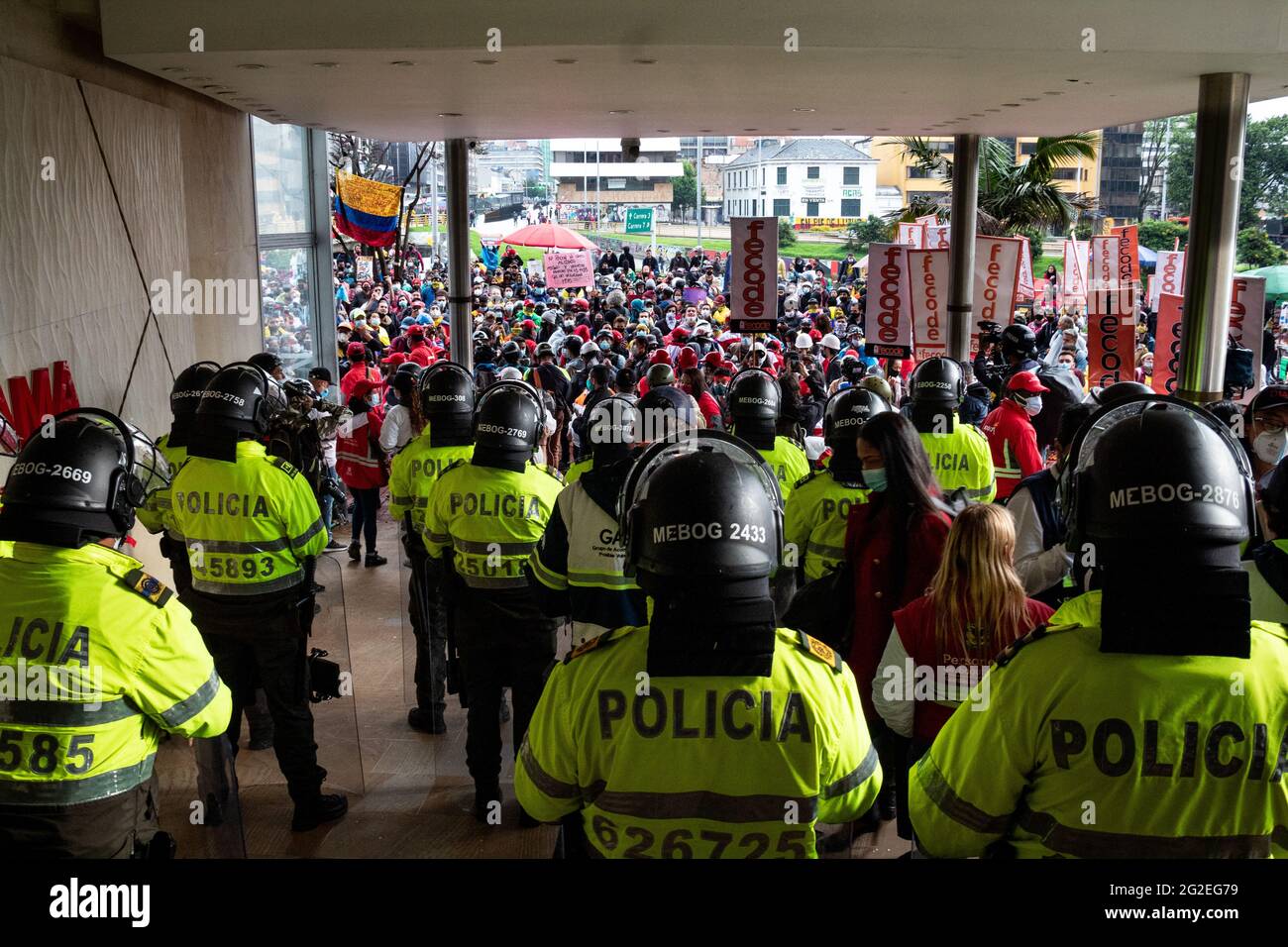 Several citizens staged a sit-in outside the Hotel Tequendama, while the meeting between the Strike Committee and the Inter-American Commission on Human Rights (IACHR) was taking place, this sit-in was mostly peaceful in Bogota, Colombia on June 9, 2021. Stock Photo