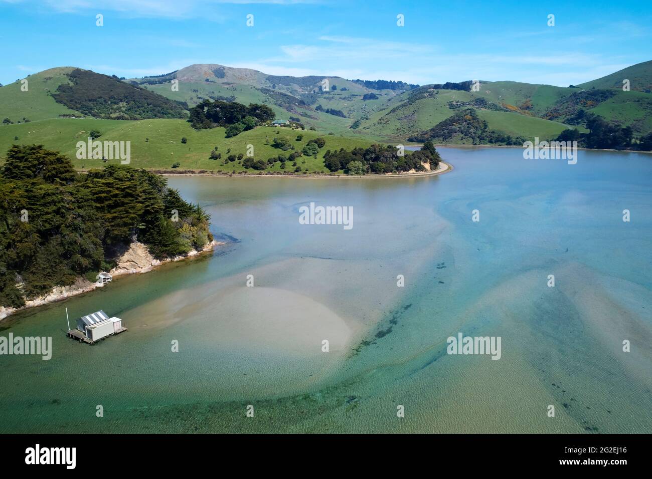 Hoopers Inlet, Otago Peninsula, Dunedin, South Island, New Zealand - drone aerial Stock Photo