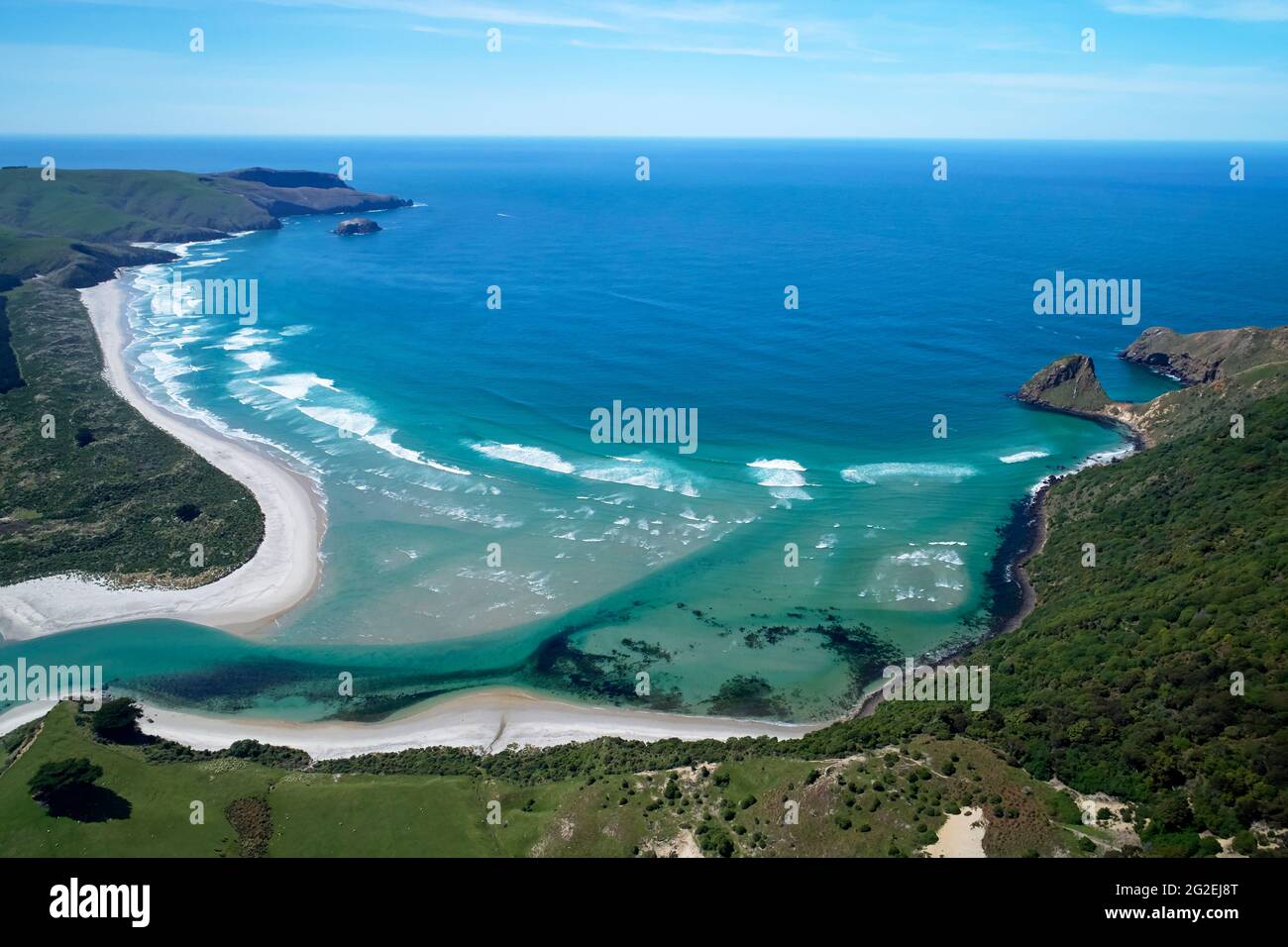 Hoopers Inlet, Allans Beach, and Cape Saunders, Otago Peninsula, Dunedin, South Island, New Zealand - drone aerial Stock Photo