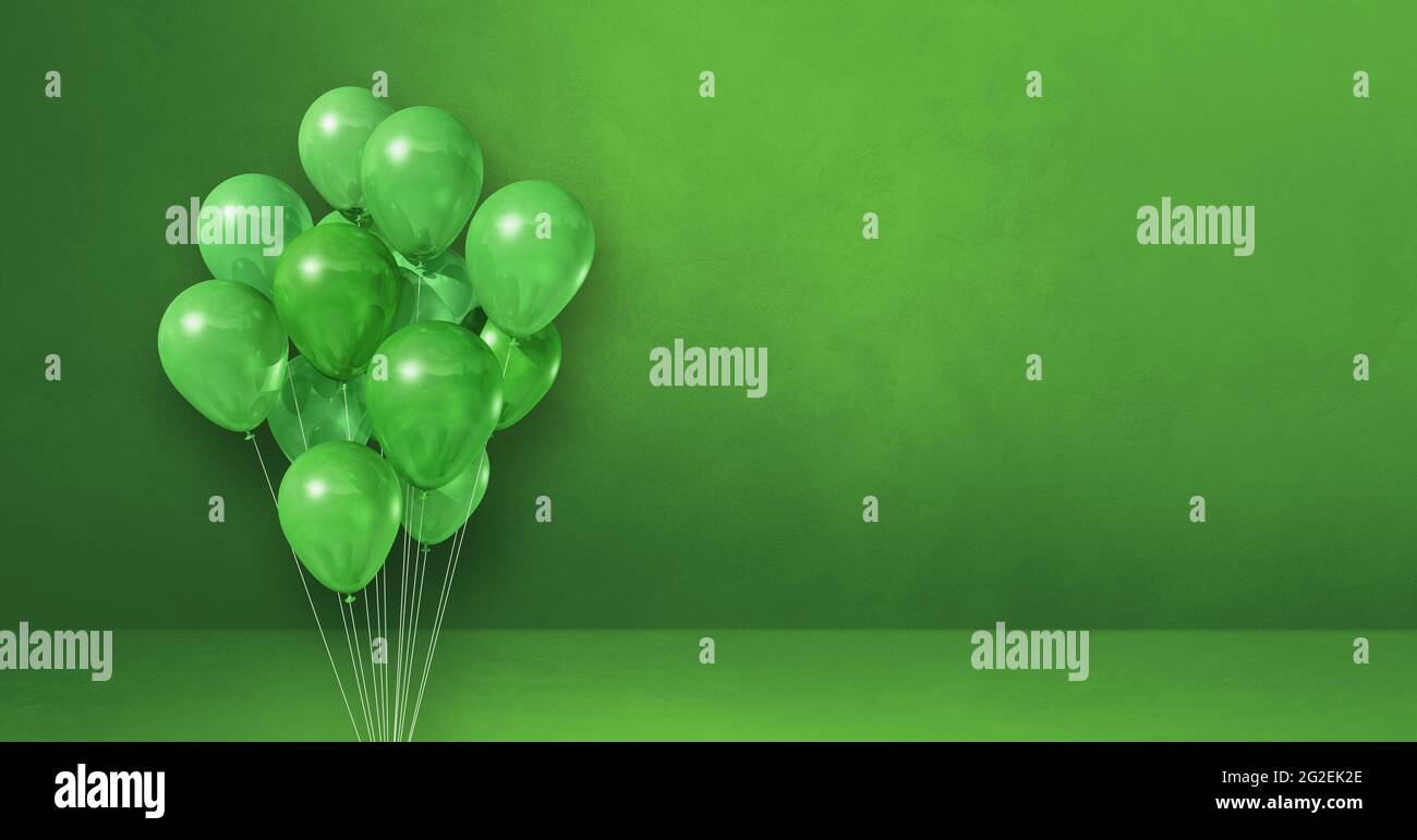 Balloons bunch on a green wall background. Horizontal banner. 3D ...