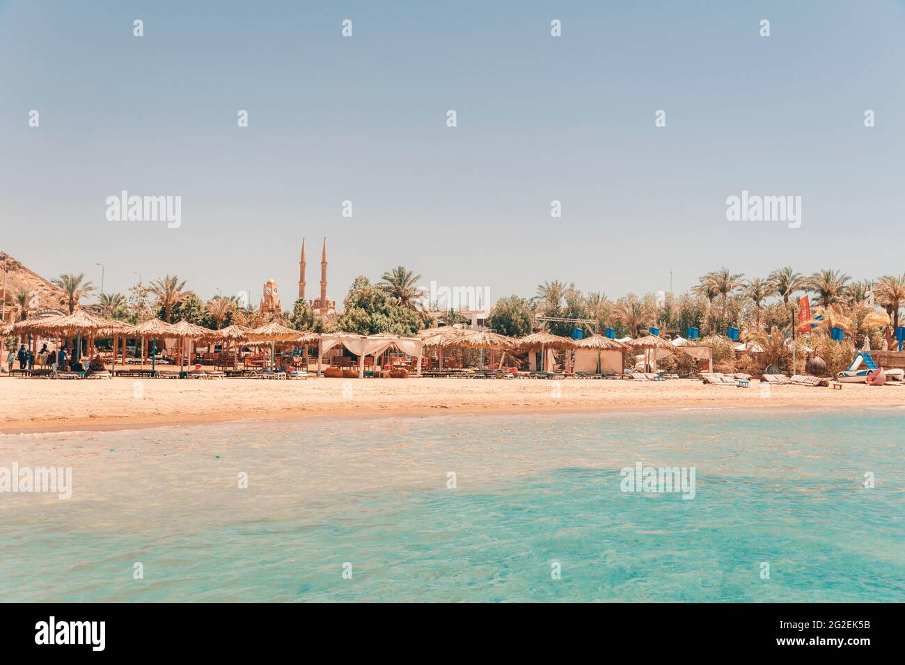 Panorama of a view of beaches and the old city from height. Al Mustafa Mosque in the Old Town of Sharm El Sheikh Stock Photo