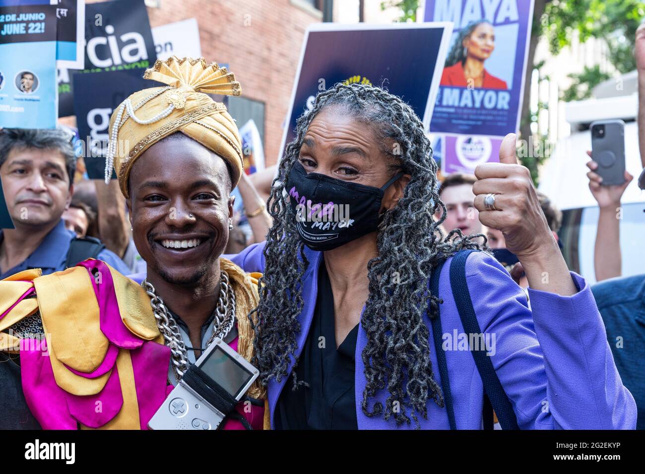 New York, NY - June 10, 2021: Mayoral candidate Maya Wiley arrives for debate at CBS Broadcast Center. She greets supporters gathering outside to appreciate their support Stock Photo