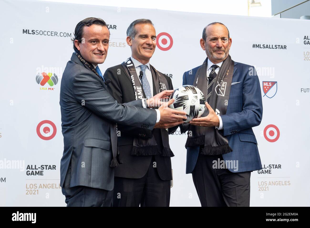 LIGA MX Executive President Mikel Arriola, Mayor of Los Angeles Eric Garcetti, MLS Commissioner Don Garber during a MLS and LIGA MX press announcement Stock Photo