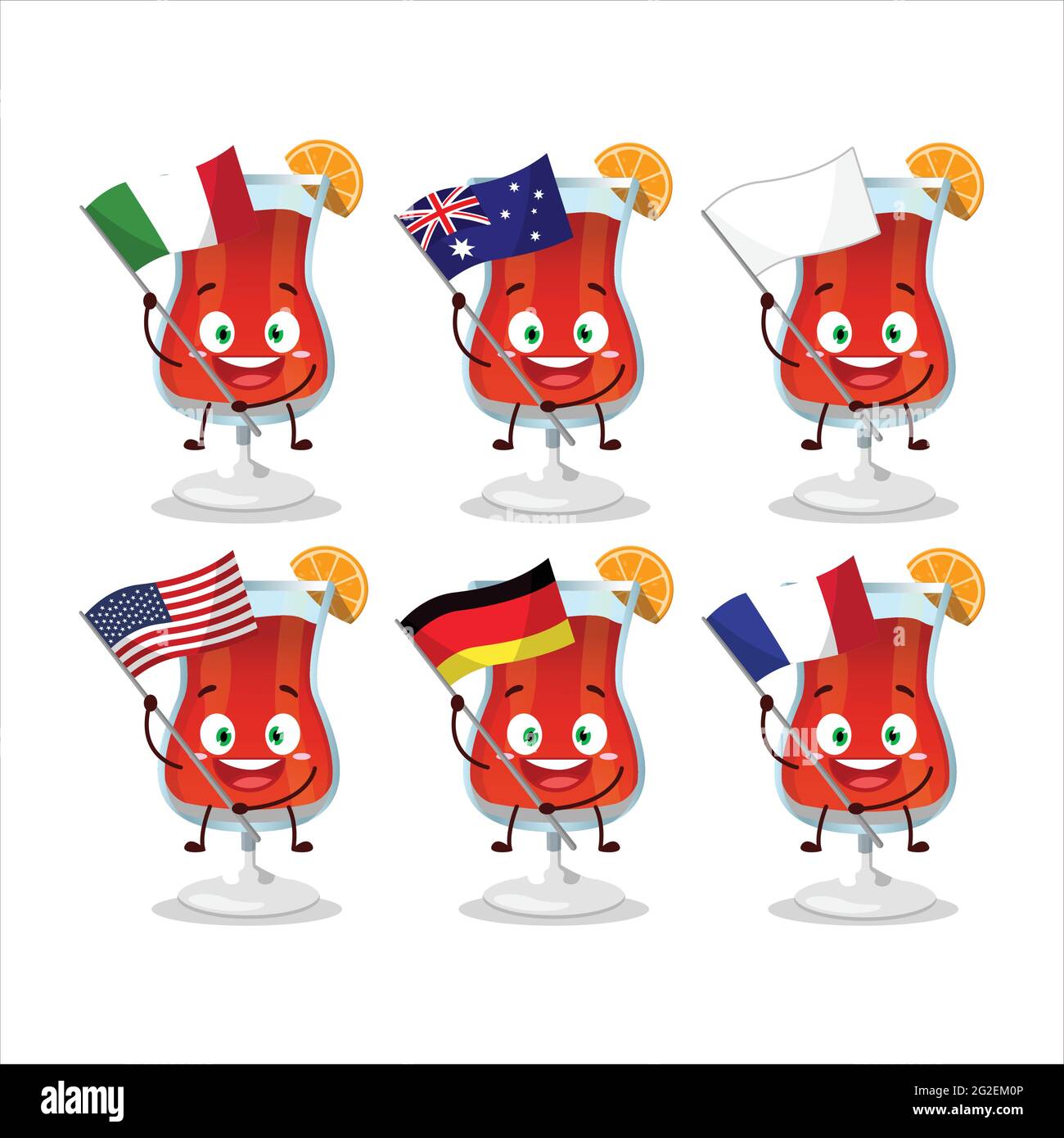 Cosmopolitan cocktail cartoon character bring the flags of various countries. Vector illustration Stock Vector