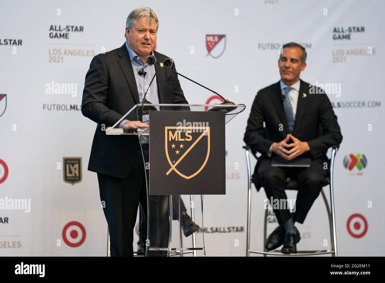 LAFC Lead Managing Owner, Larry Berg speaks during a MLS and LIGA MX press announcement at Banc of California, Wednesday, June 9, 2021, in Los Angeles Stock Photo