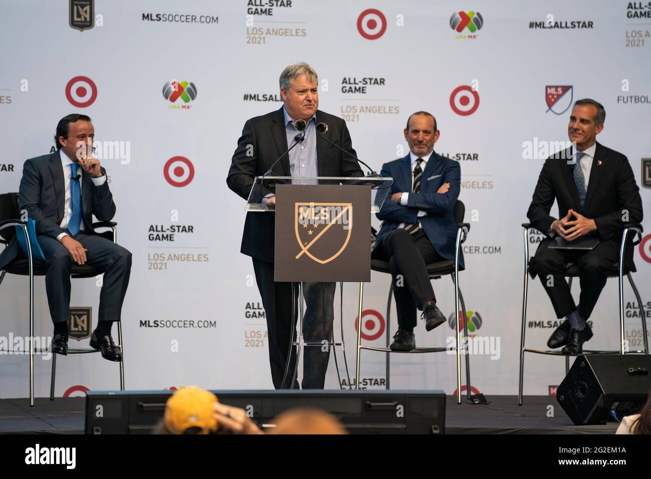 LAFC Lead Managing Owner, Larry Berg speaks during a MLS and LIGA MX press announcement at Banc of California, Wednesday, June 9, 2021, in Los Angeles Stock Photo