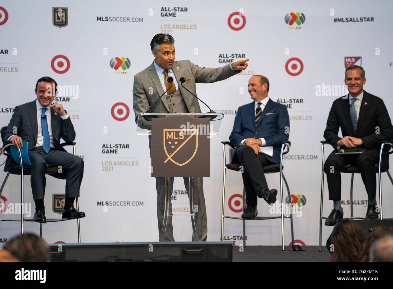 Jaime Camil speaks during a MLS and LIGA MX press announcement at Banc of California, Wednesday, June 9, 2021, in Los Angeles, CA. (Jon Endow/Image of Stock Photo