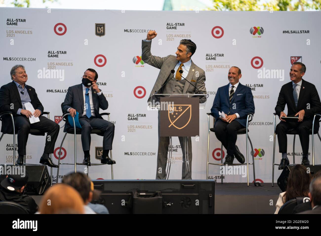 Jaime Camil speaks during a MLS and LIGA MX press announcement at Banc of California, Wednesday, June 9, 2021, in Los Angeles, CA. (Jon Endow/Image of Stock Photo