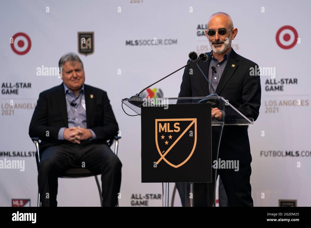 LAFC President and CBO, Larry Freedman speaks during a MLS and LIGA MX press announcement at Banc of California, Wednesday, June 9, 2021, in Los Angel Stock Photo