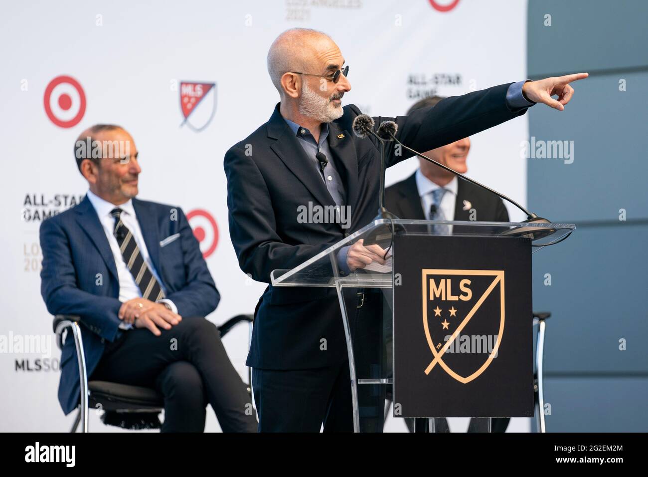 LAFC President and CBO, Larry Freedman speaks during a MLS and LIGA MX press announcement at Banc of California, Wednesday, June 9, 2021, in Los Angel Stock Photo