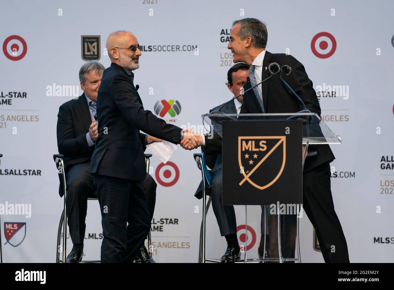 Mayor of Los Angeles, Eric Garcetti greets LAFC President and CBO, Larry Freedman during a MLS and LIGA MX press announcement at Banc of California, W Stock Photo