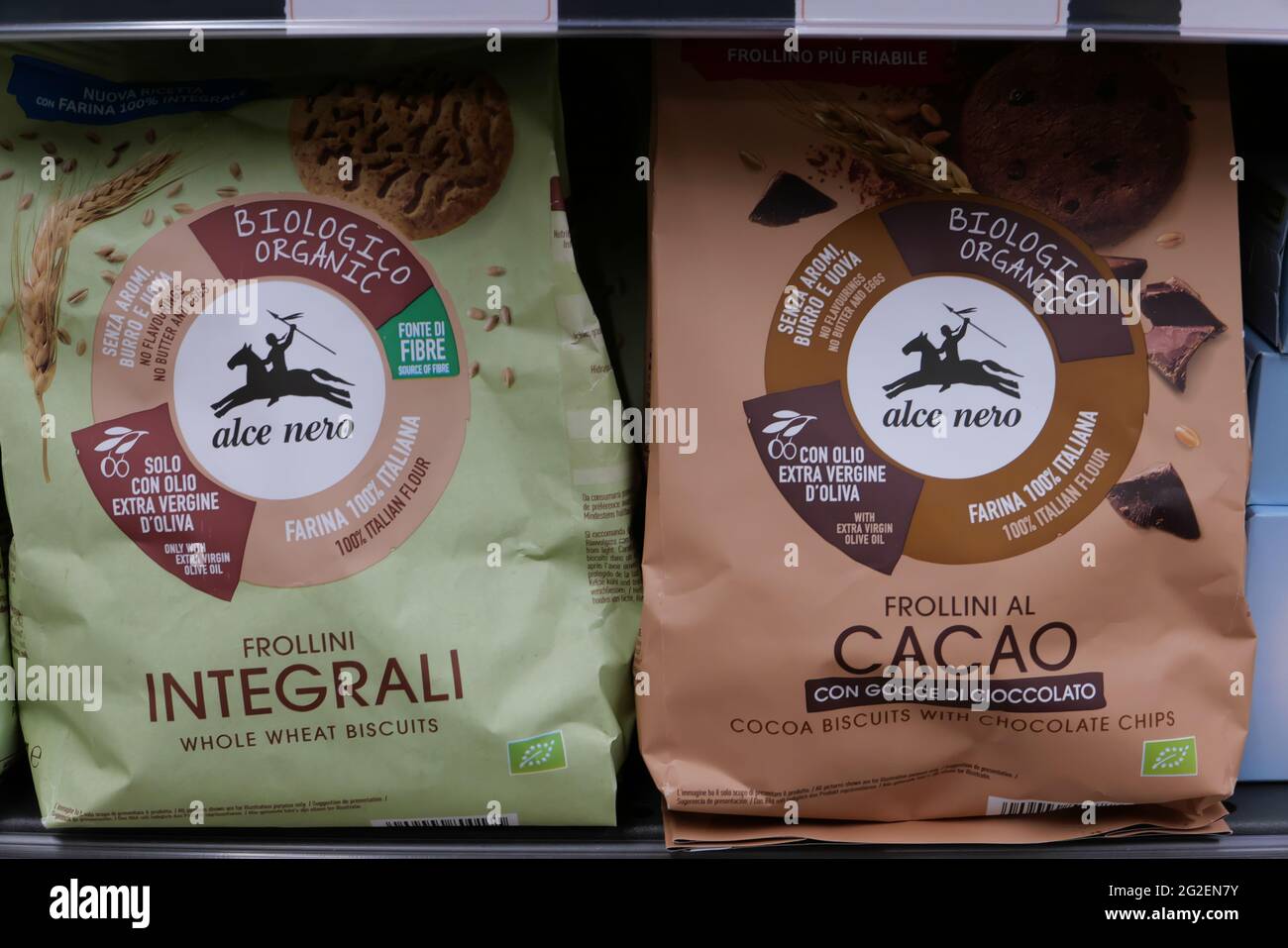 ALCE NERO PACKS OF ITALIAN BISCUITS INSIDE THE FOOD MEGA STORE Stock Photo