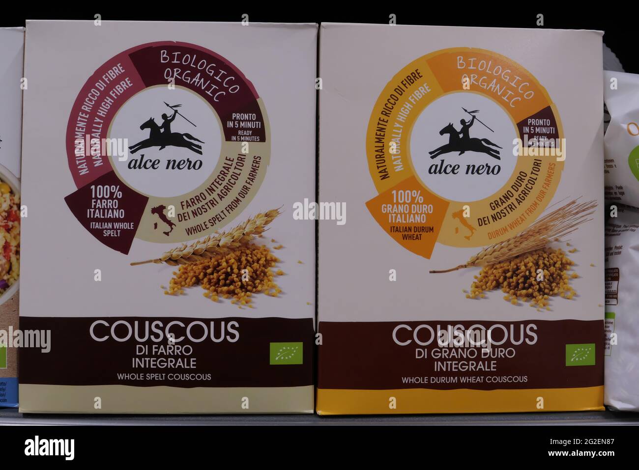 ALCE NERO PACKS OF COUSCOUS INSIDE THE FOOD MEGA STORE Stock Photo