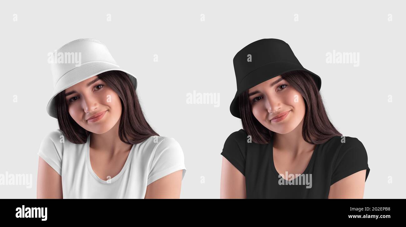 Mockup of a fashion white, black panama on a dark-haired girl, an empty hat for presentation of design, print, pattern. Template of stylish headdress, Stock Photo