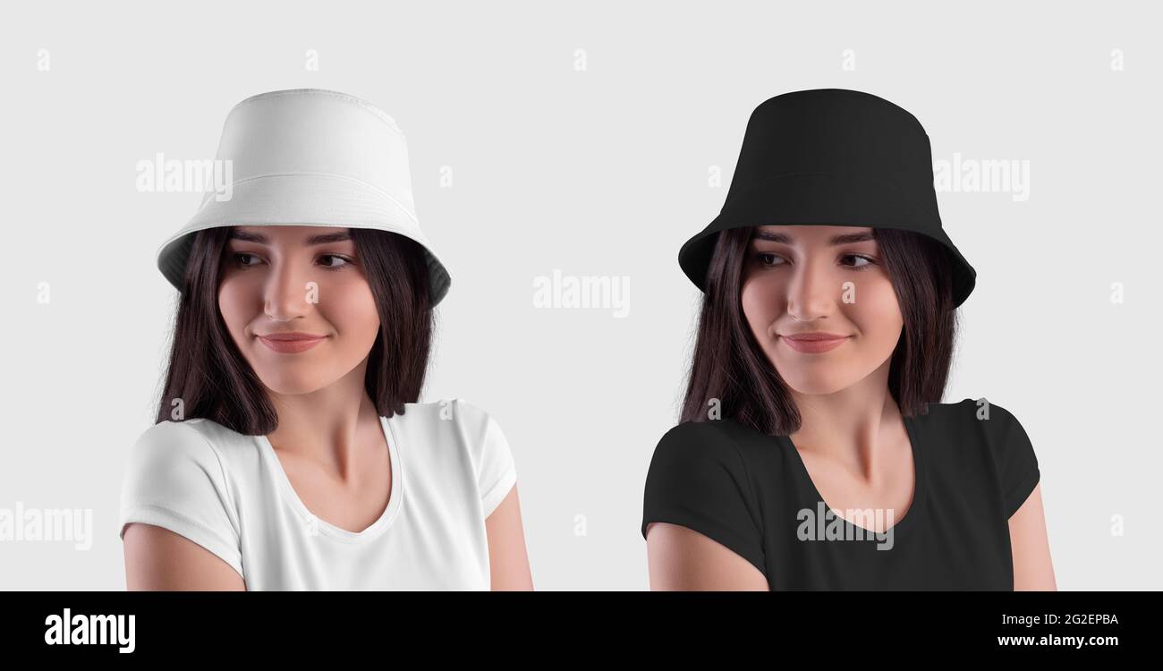 Template of white, black panama, accessory for the summer, for protection from the sun, isolated on background. A mockup of a hat on a beautiful girl Stock Photo