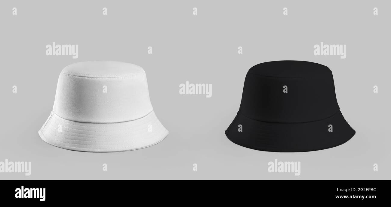 Mockup of white, black hat with brim, headwear for sun protection, isolated on background. Stylish panama template for women, men, stylish accessory f Stock Photo