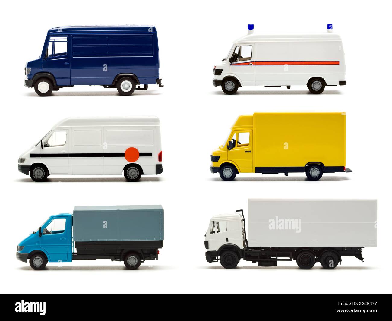 six miniature models of german trucks and vans Stock Photo