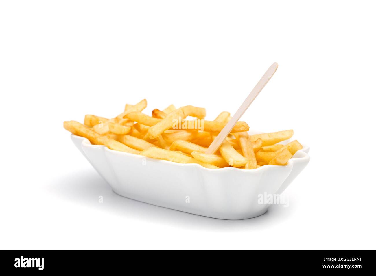 french fries and pick in ceramic bowl isolated on white Stock Photo